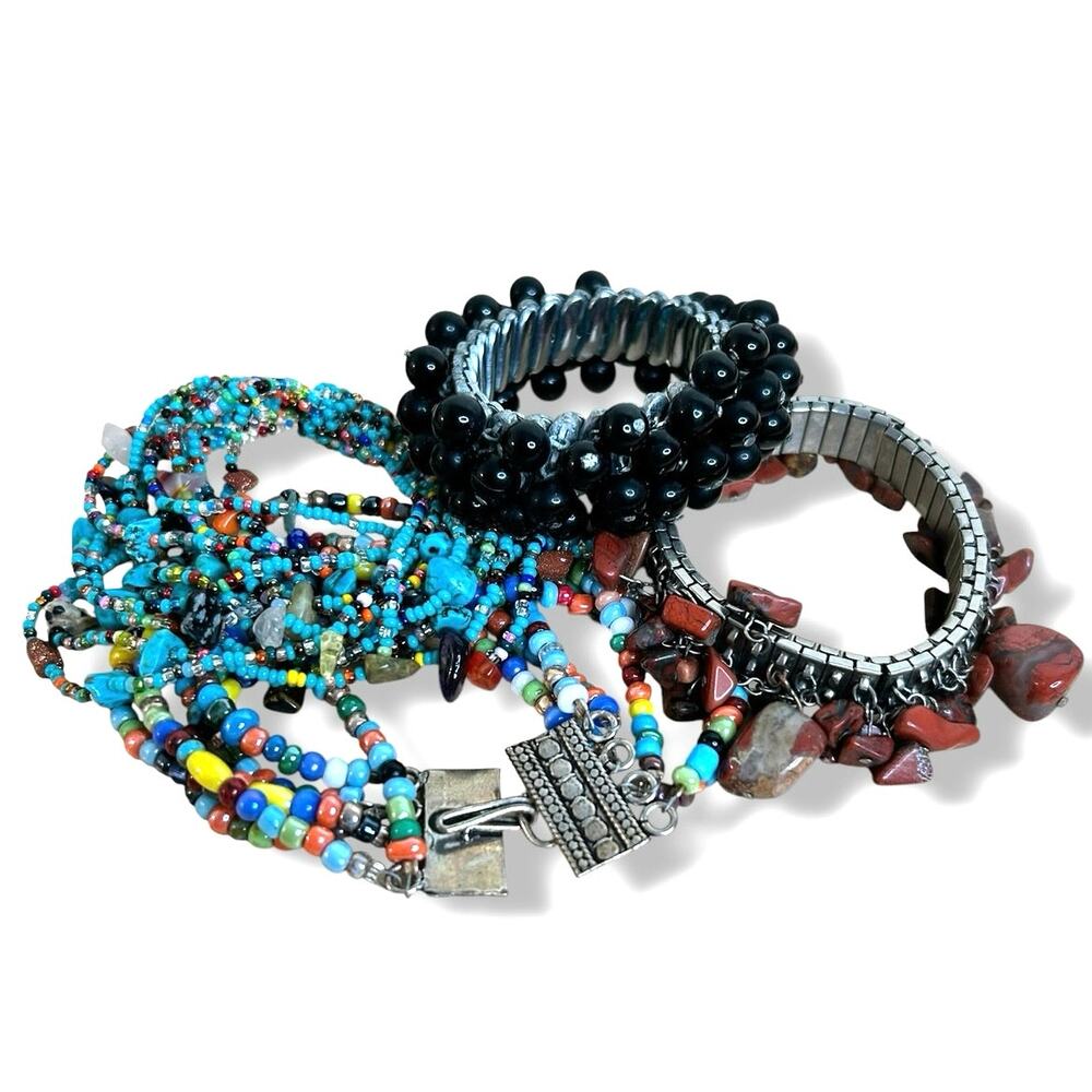 Vintage Cha Cha Expansion Bracelets and Bright Blue Multicolor Beaded Bracelets